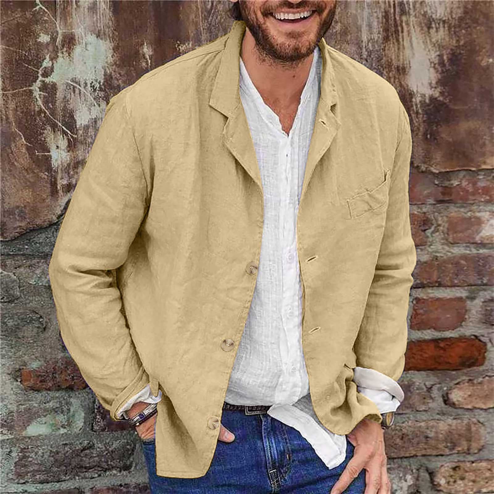 Hvyesh Clearance Linen Blazer for Men, Men's Casual Suit Blazer Jacket Solid Color Cotton Linen Lightweight Long Sleeve Single-Breasted Coats Loose Fit Cardigan